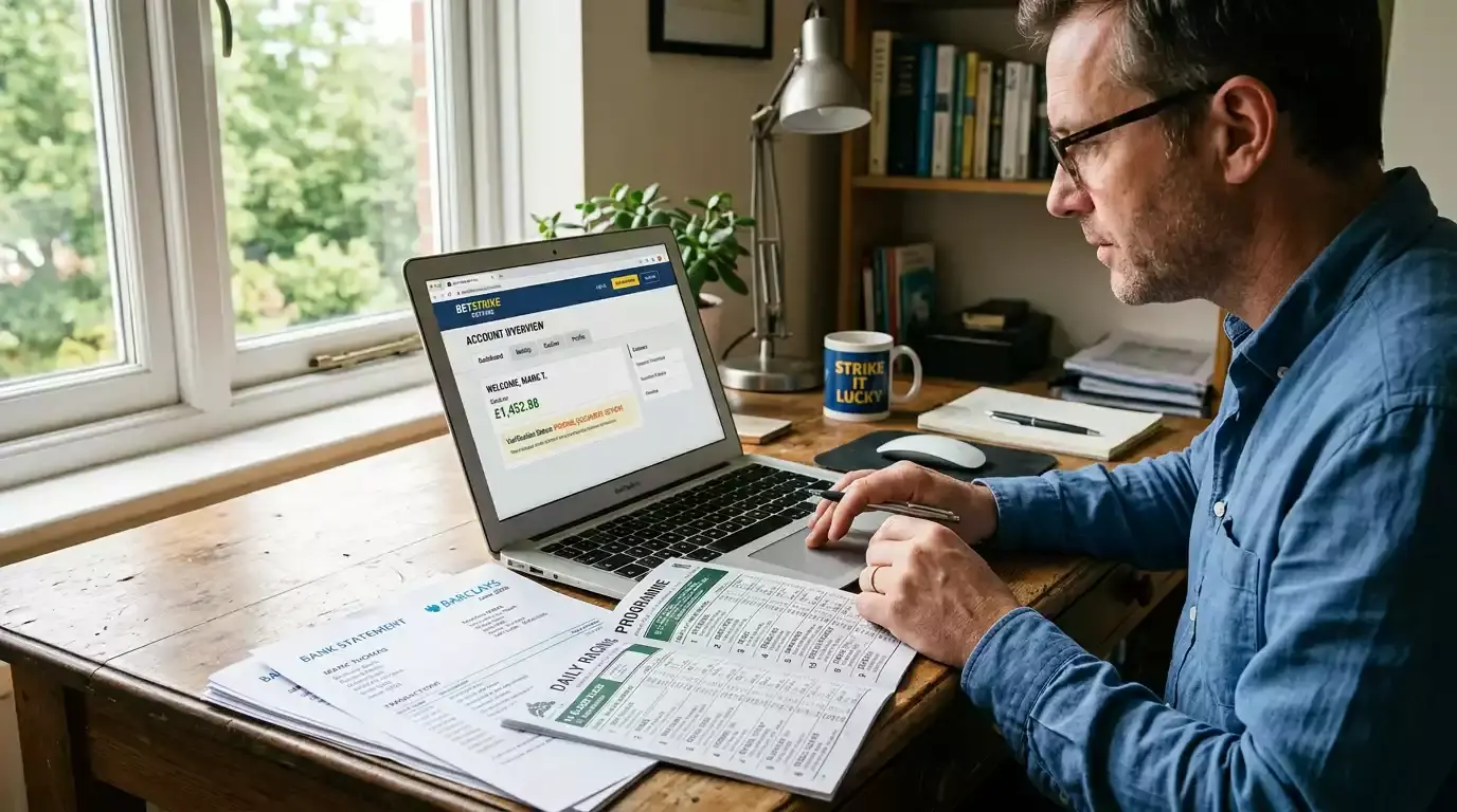 A punter reviewing betting account documents on a laptop with a horse racing programme nearby