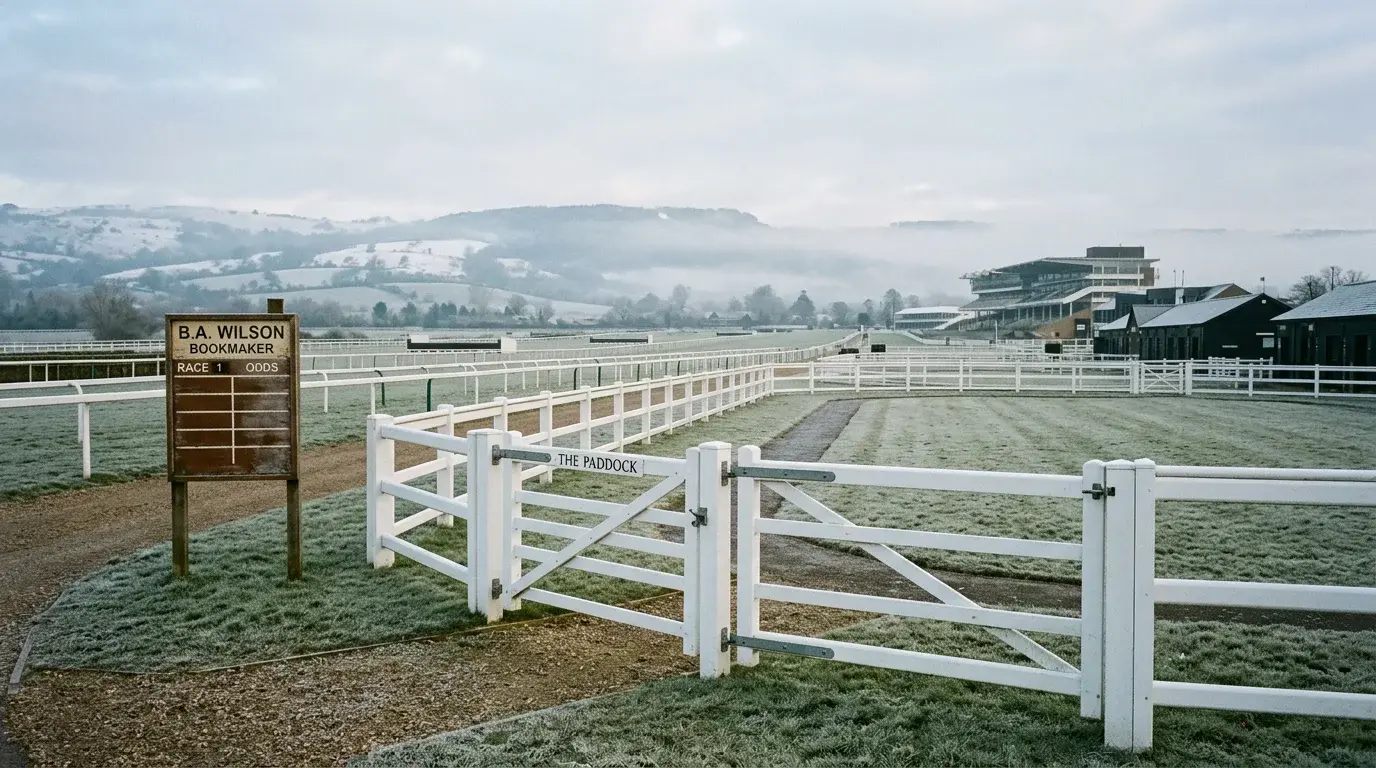 Empty parade ring at Cheltenham racecourse months before the festival with a quiet betting ring in view