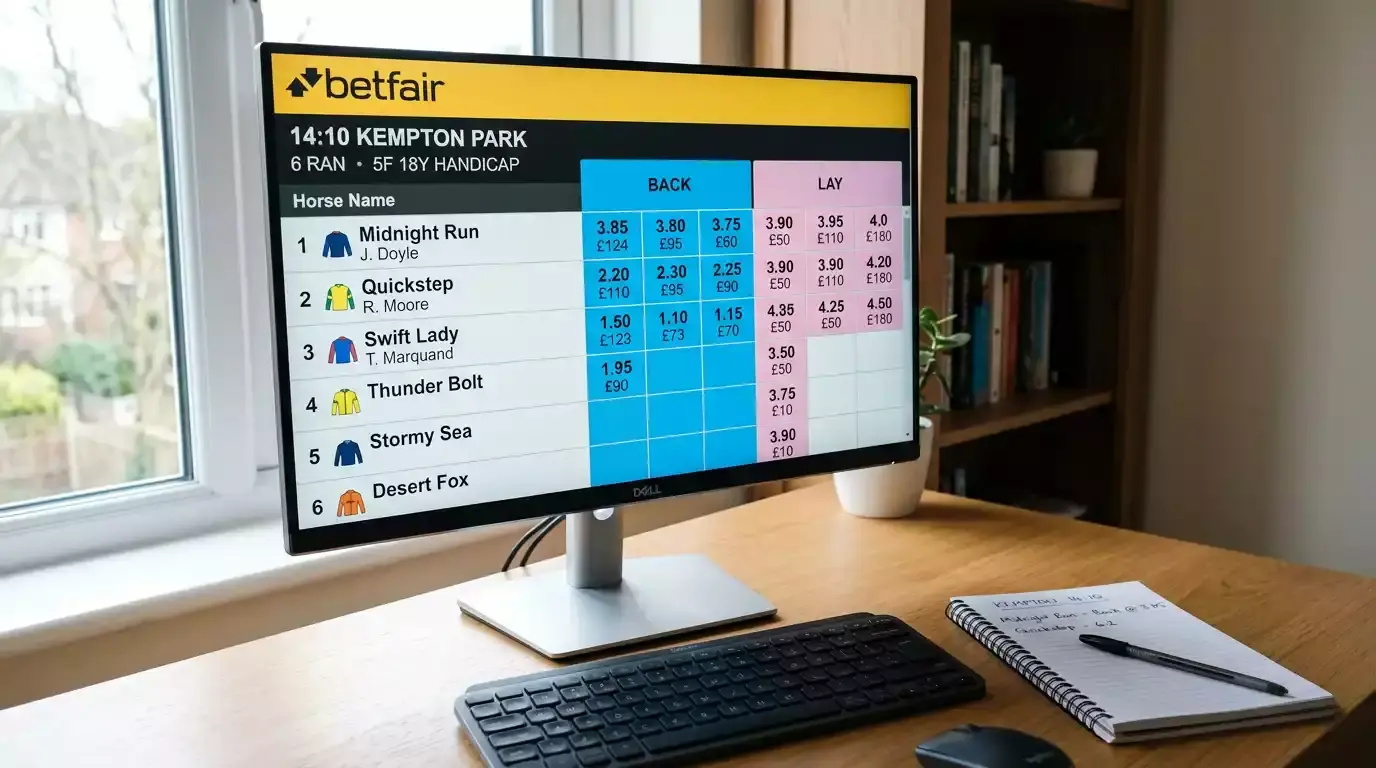 A Betfair Exchange market screen showing back and lay odds for a horse racing event