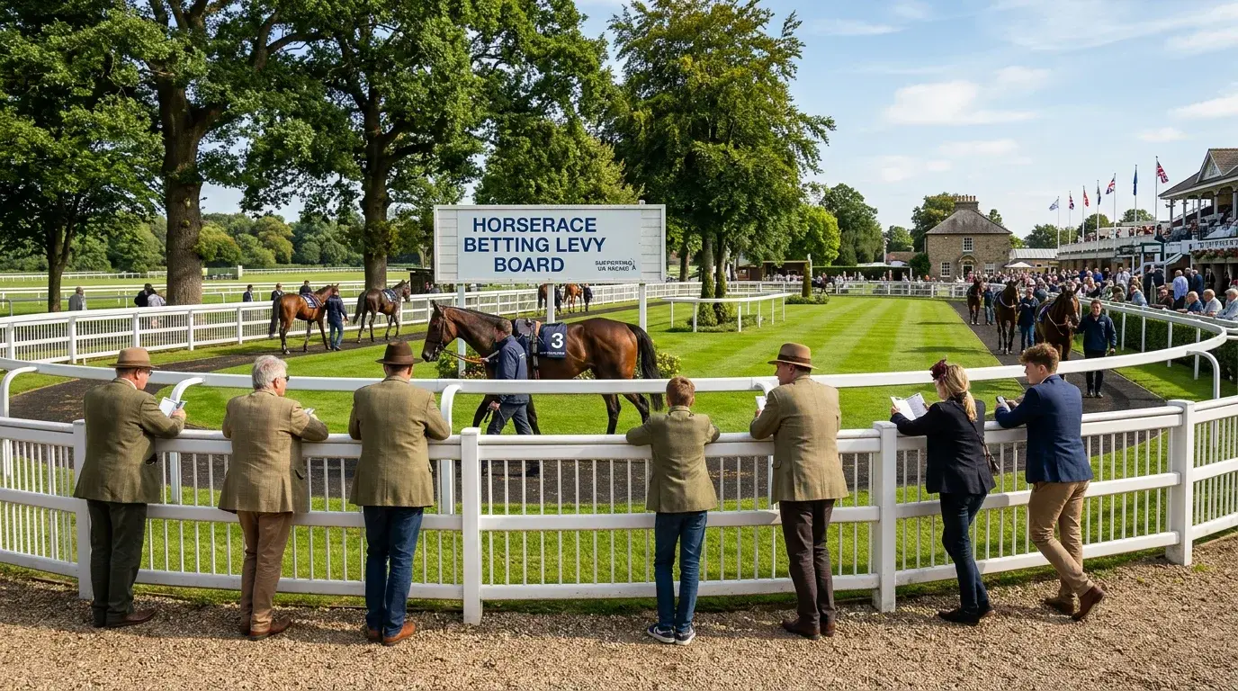 Horserace Betting Levy Board office entrance with a British racecourse visible in the background