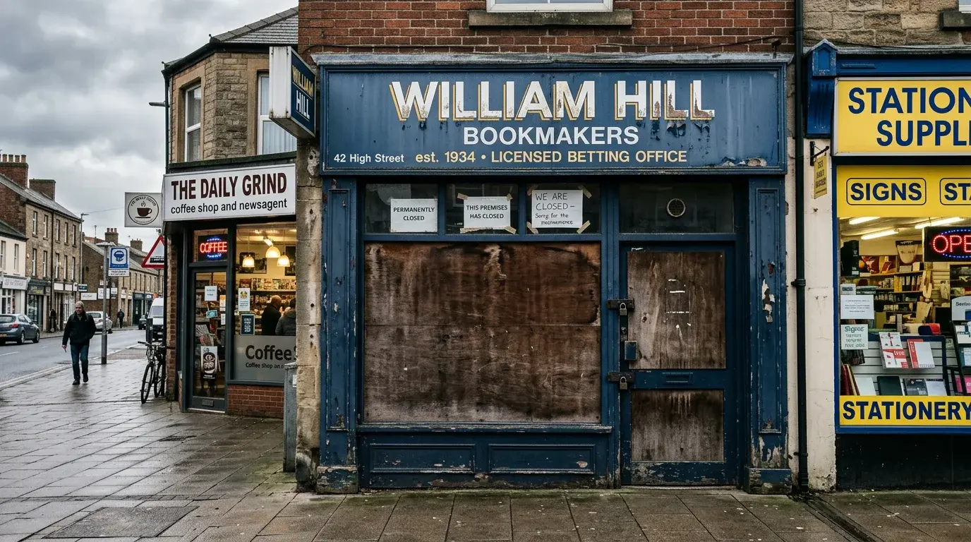 Closed betting shop on a British high street with boarded-up windows