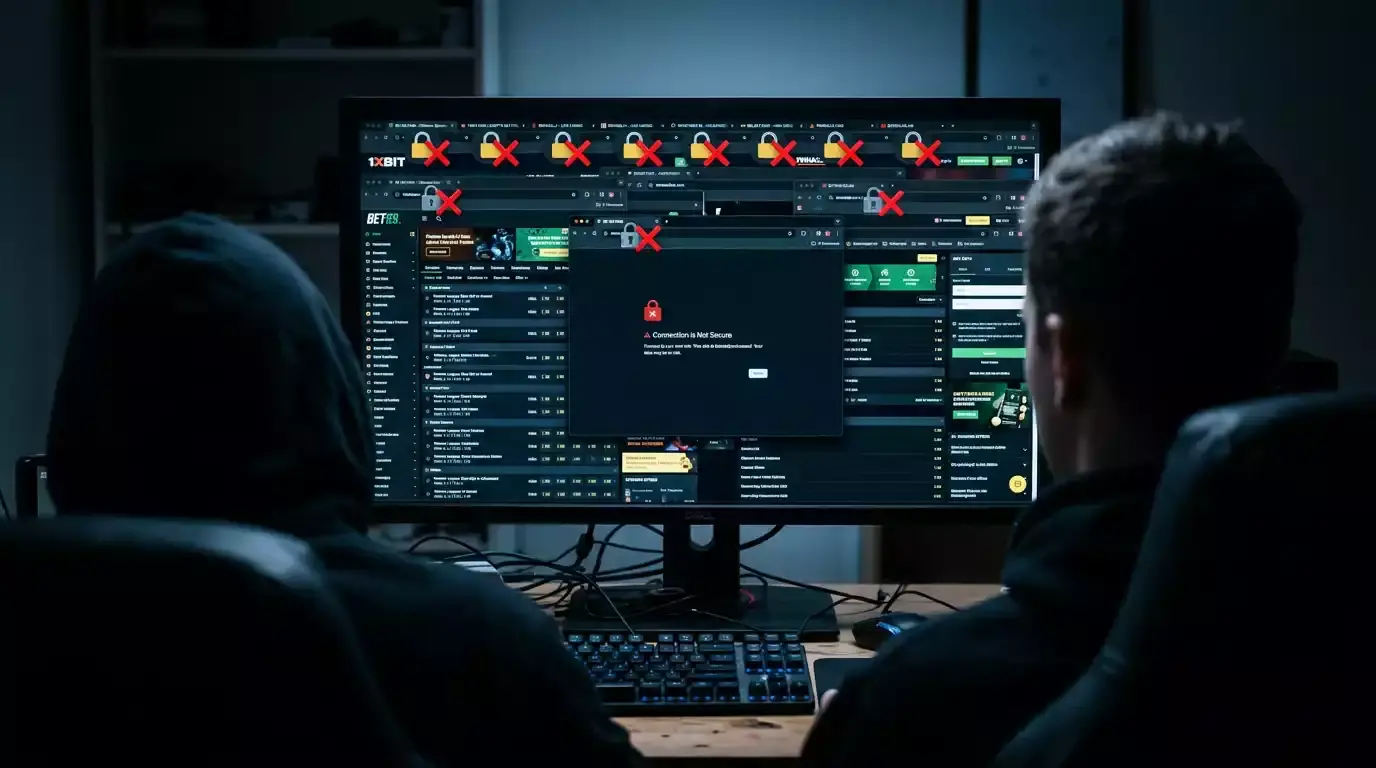 A dark screen showing multiple unlicensed offshore betting websites with warning symbols