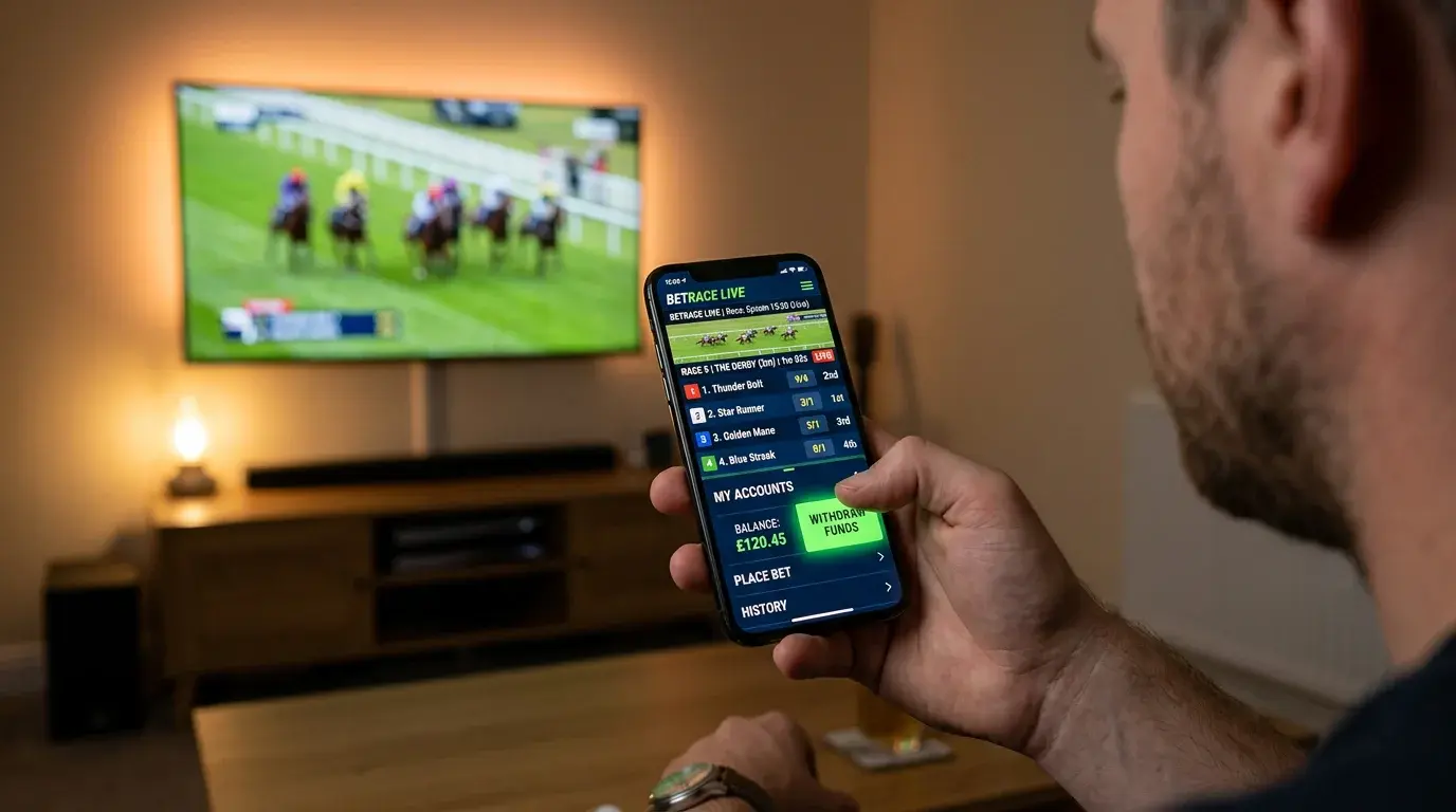 Cash out button on a mobile betting app during a live horse race