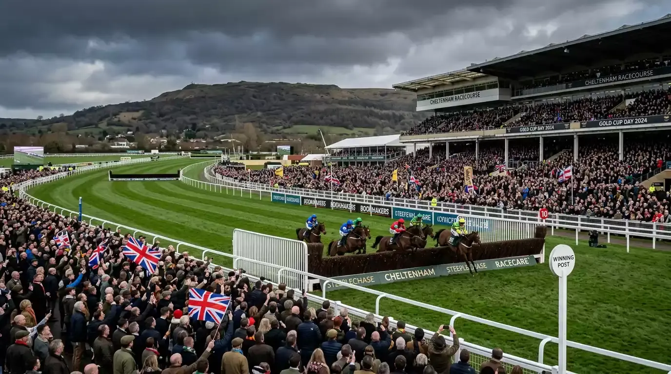 Cheltenham Festival racecourse during the Gold Cup with packed grandstands and horses approaching the final fence