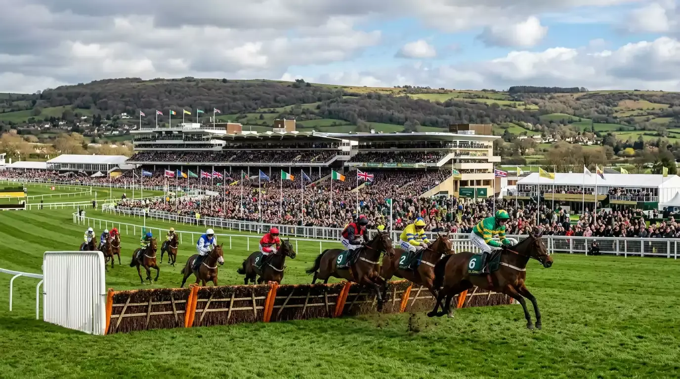 Panoramic view of the Cheltenham Festival with packed stands and horses jumping a fence on the course