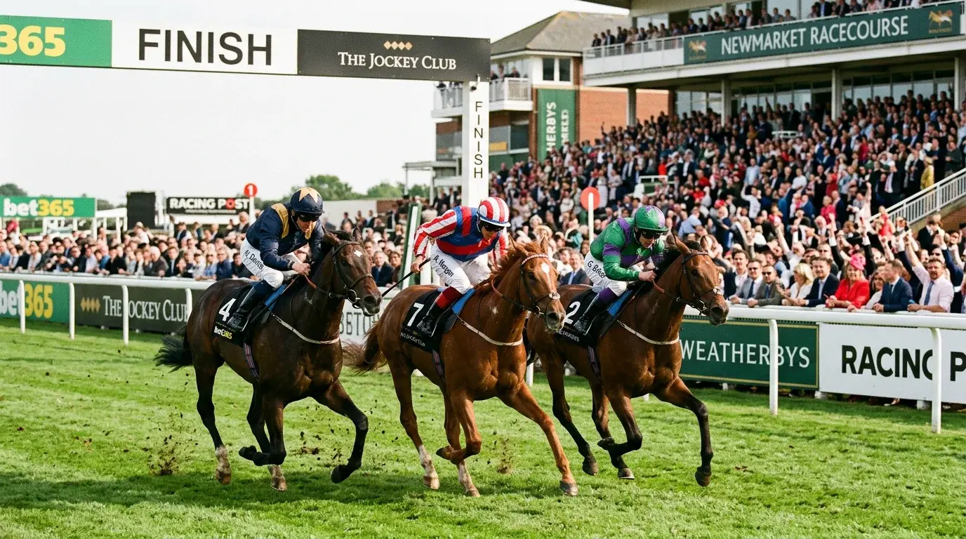 Three horses racing neck and neck in a tight handicap finish at a British racecourse