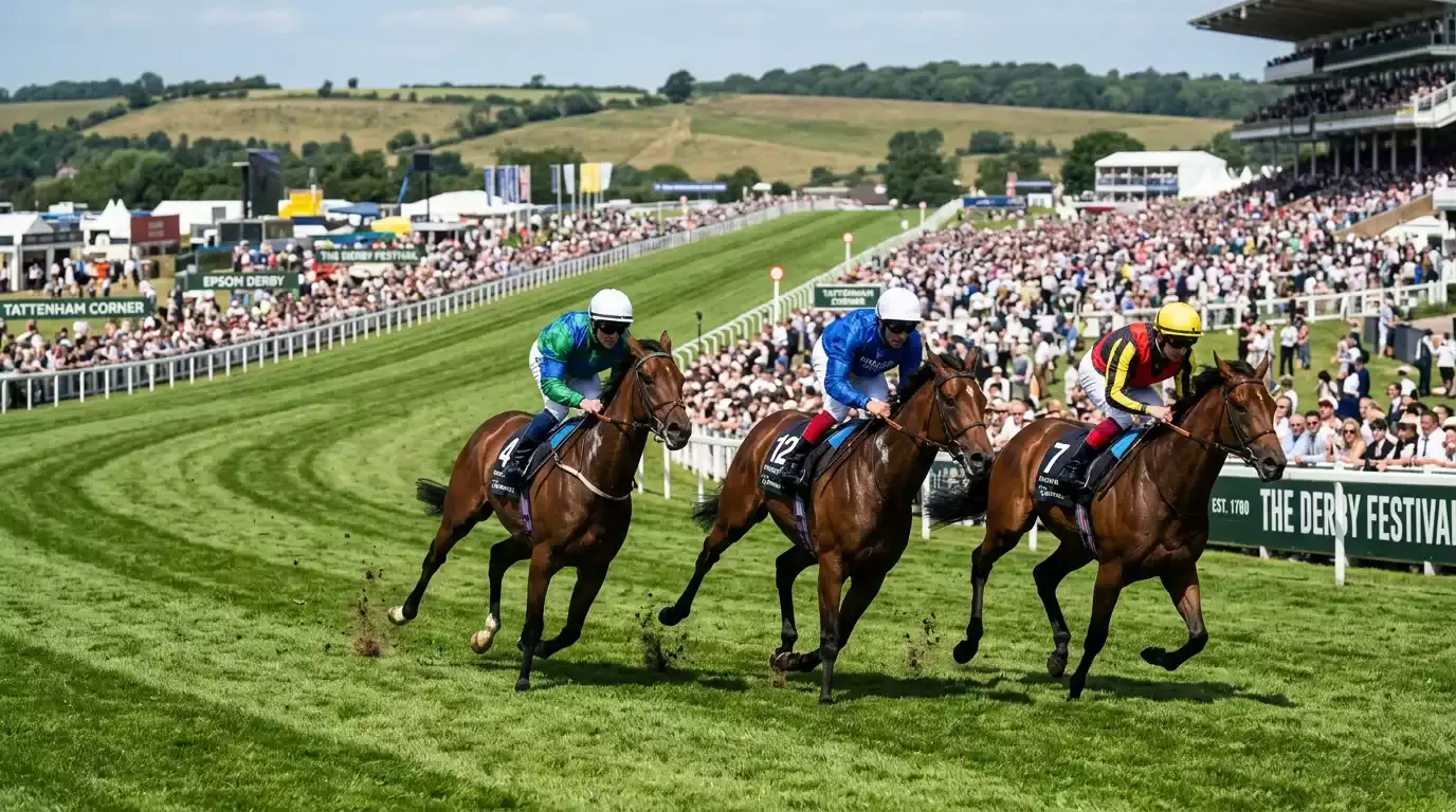Horses rounding Tattenham Corner during the Epsom Derby with the Surrey Downs visible in the background
