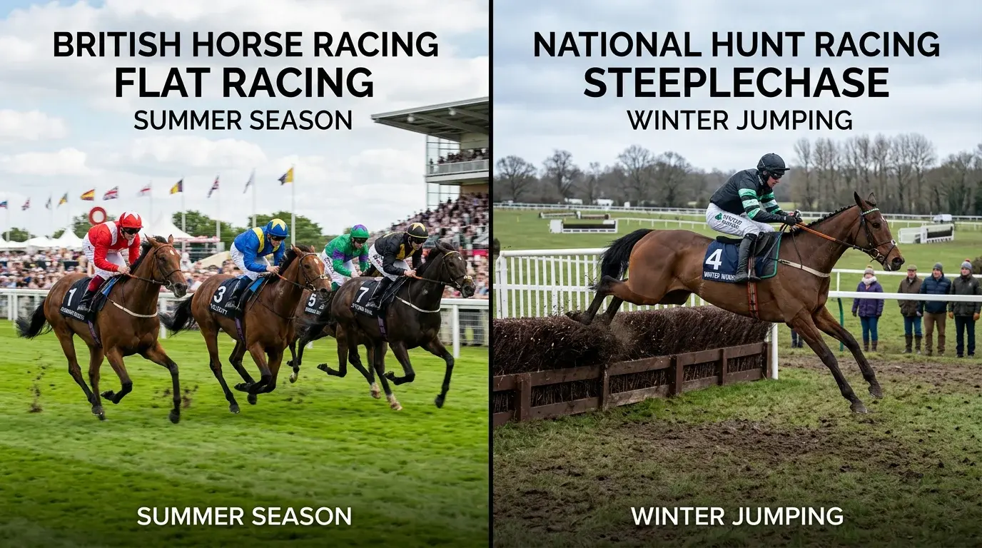 Split image showing a flat race on turf and a jump race over fences at British racecourses