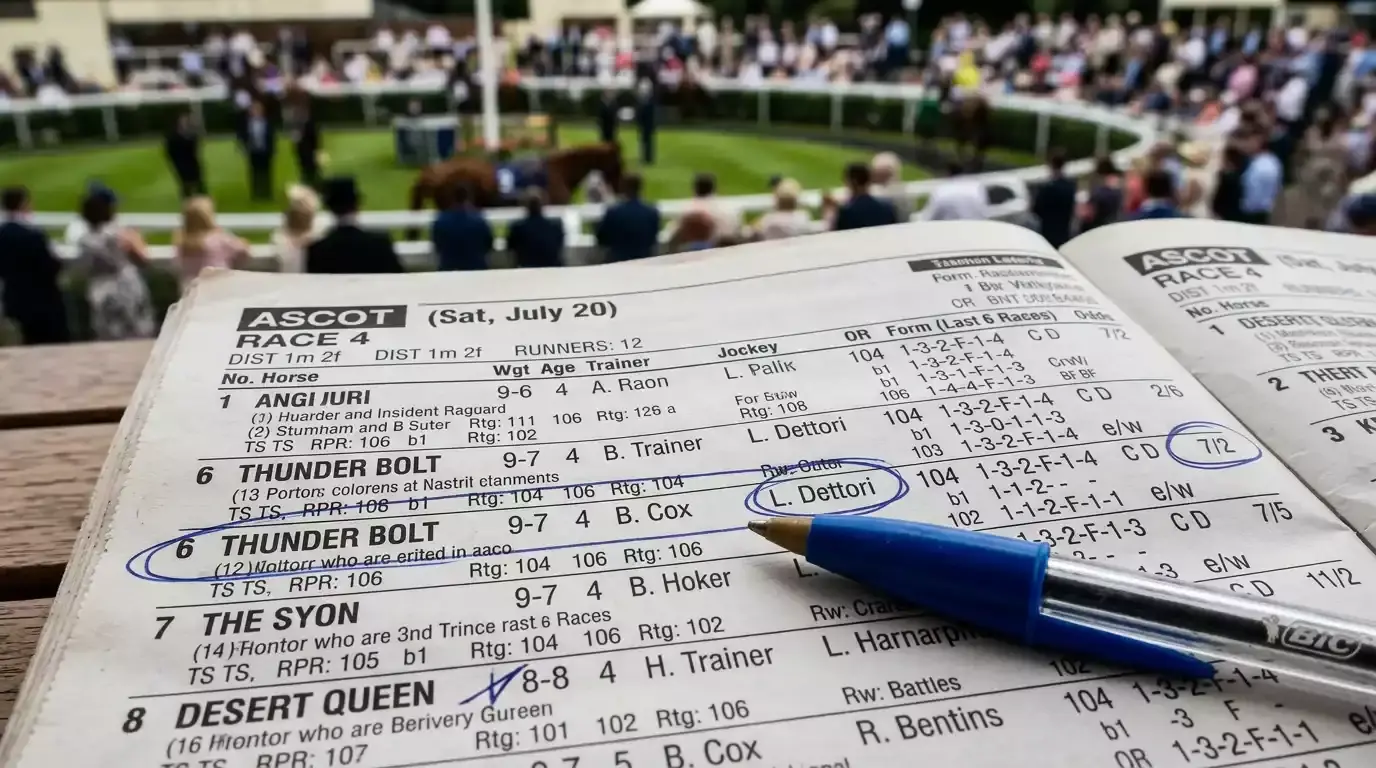 Horse racing form guide showing race figures and symbols on a racecard