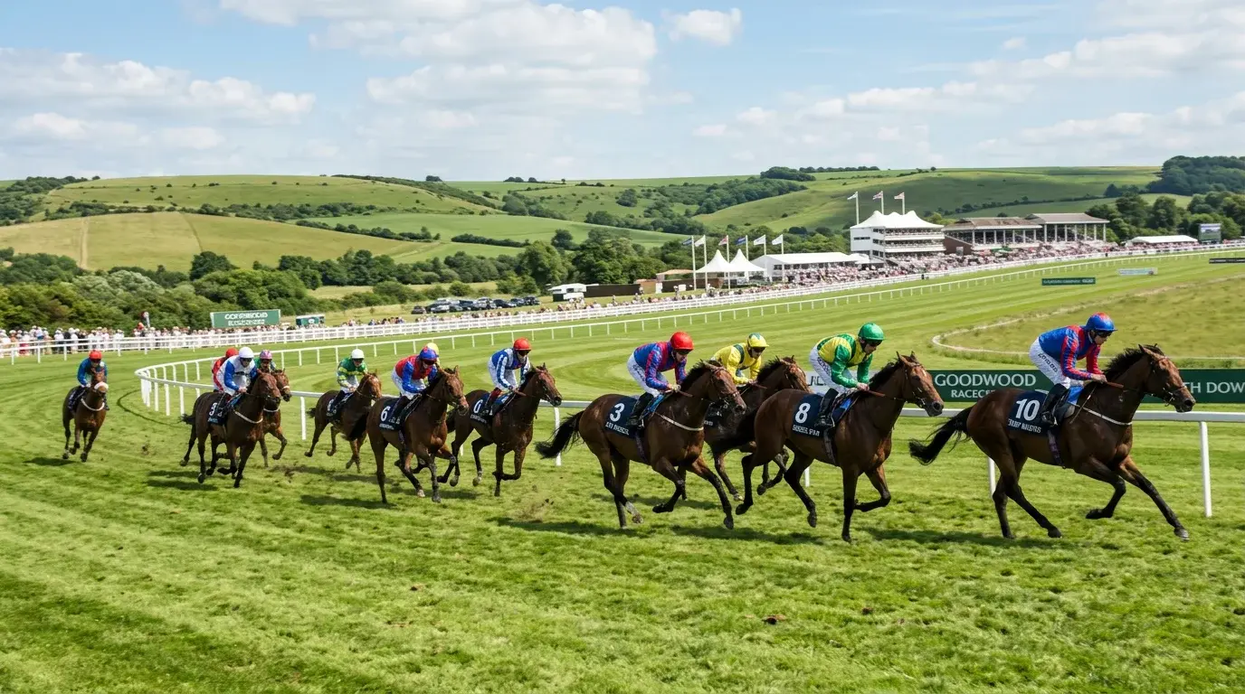 Horses racing on the undulating downland track at Glorious Goodwood