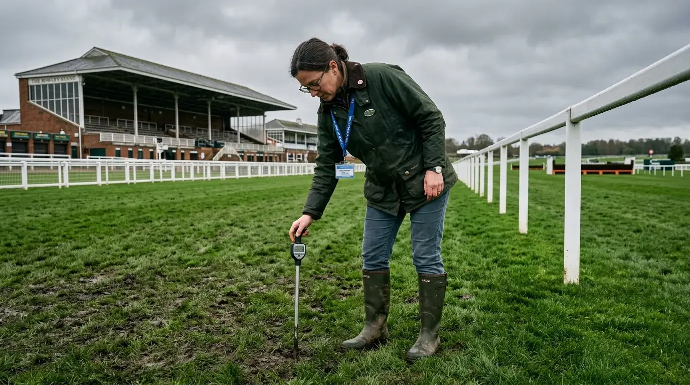 Clerk of the course inspecting the ground at a racecourse before racing