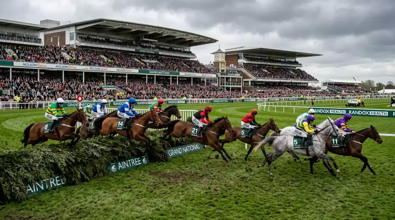Horses jumping a fence during the Grand National at Aintree with a large field spread across the course