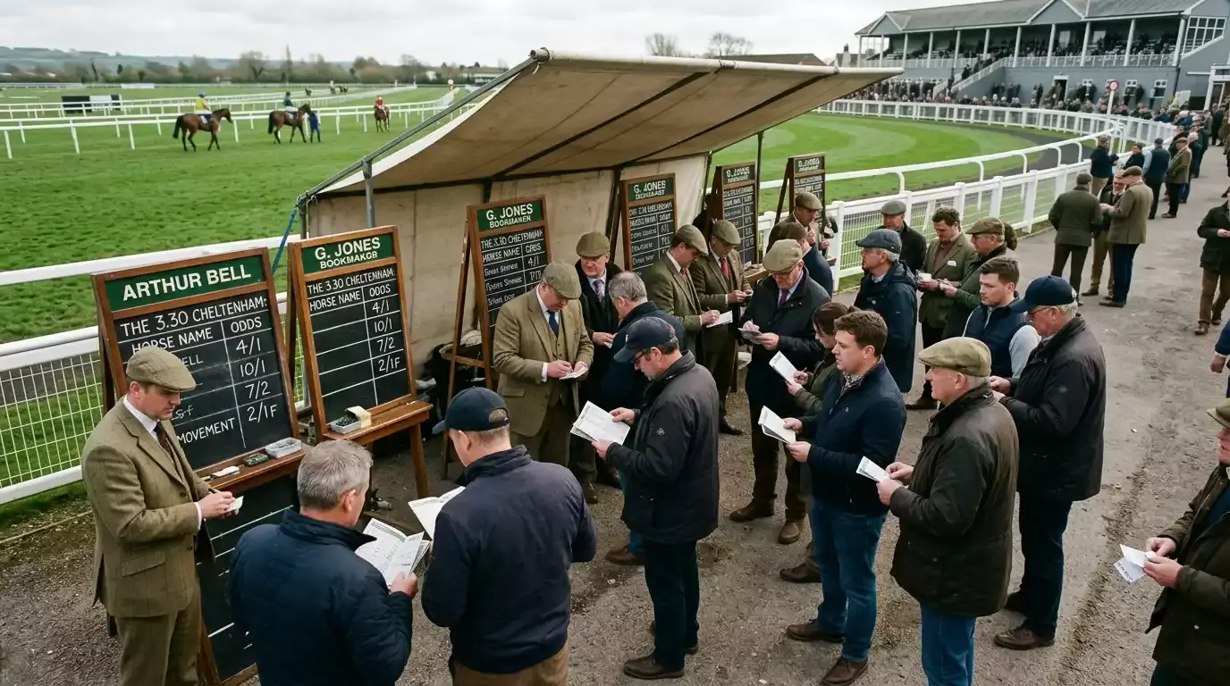 Overhead view of a UK racecourse betting ring with bookmakers and punters during a midweek meeting