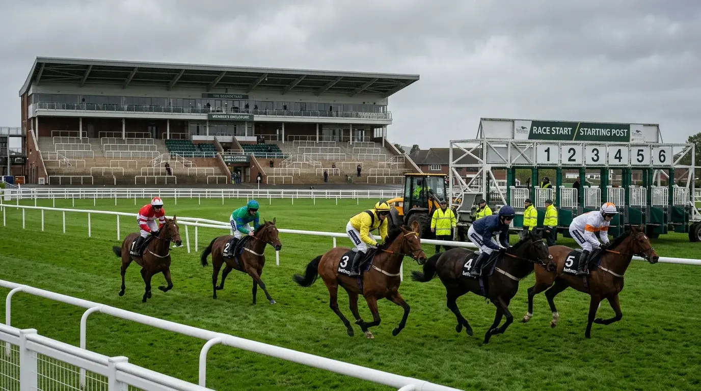 Smaller field of horses approaching the start at a British racecourse