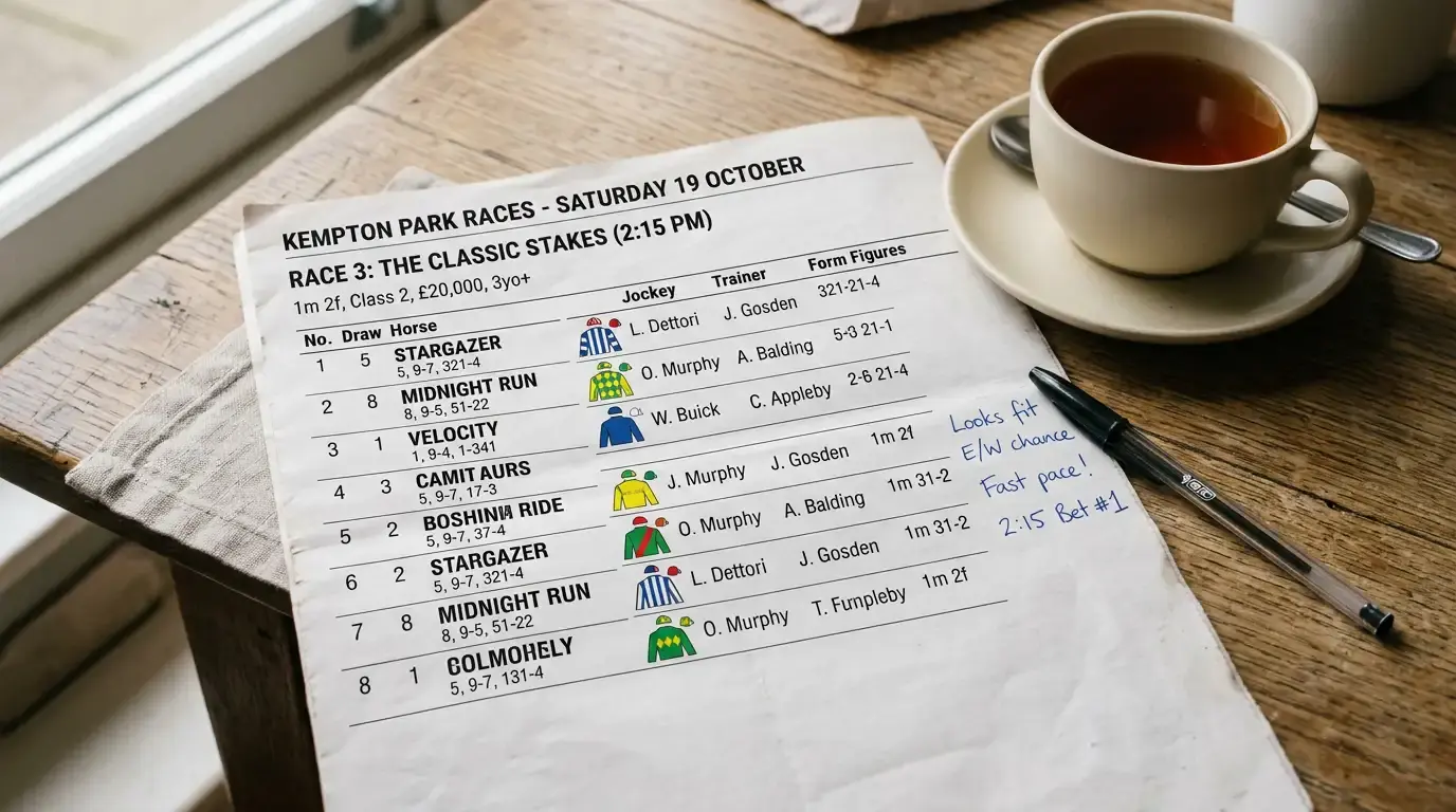 Close-up of a printed horse racing racecard showing form figures, jockey silks and race conditions for a UK meeting