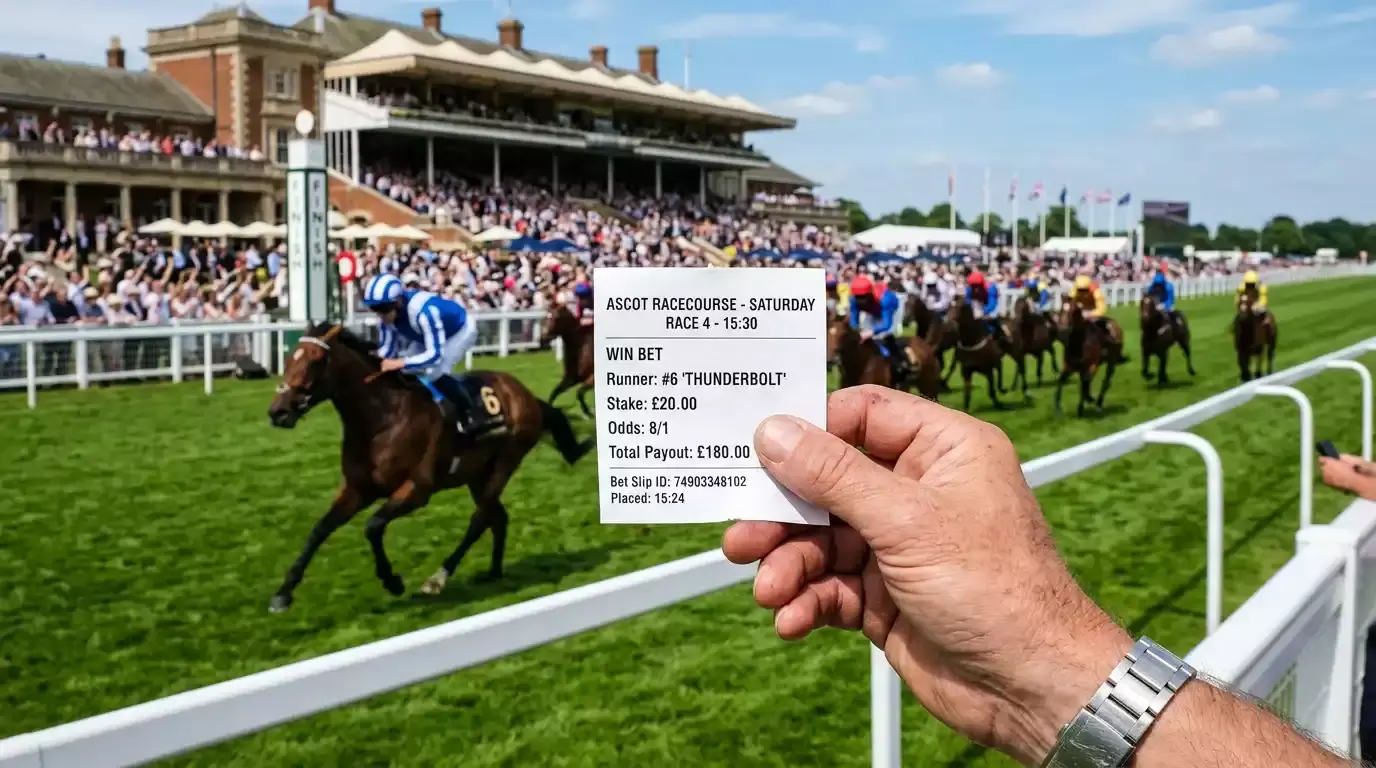 Punter holding a betting slip at a British racecourse with horses approaching the finish line
