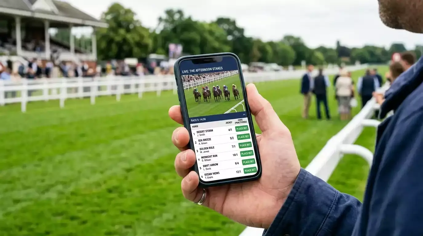 Person holding a smartphone displaying a horse racing live stream with a bet slip visible on screen at a racecourse