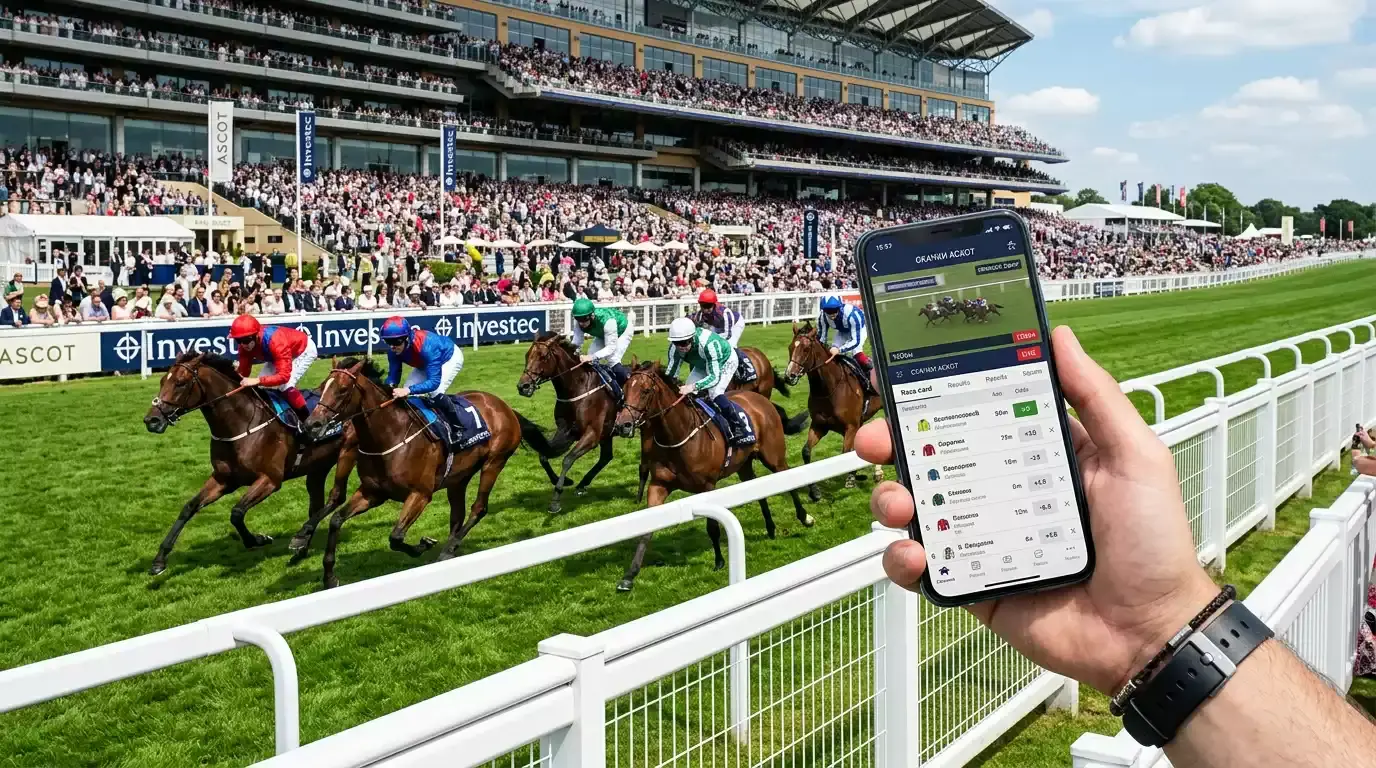 Hand holding a smartphone at a British racecourse with horses racing on the turf track behind