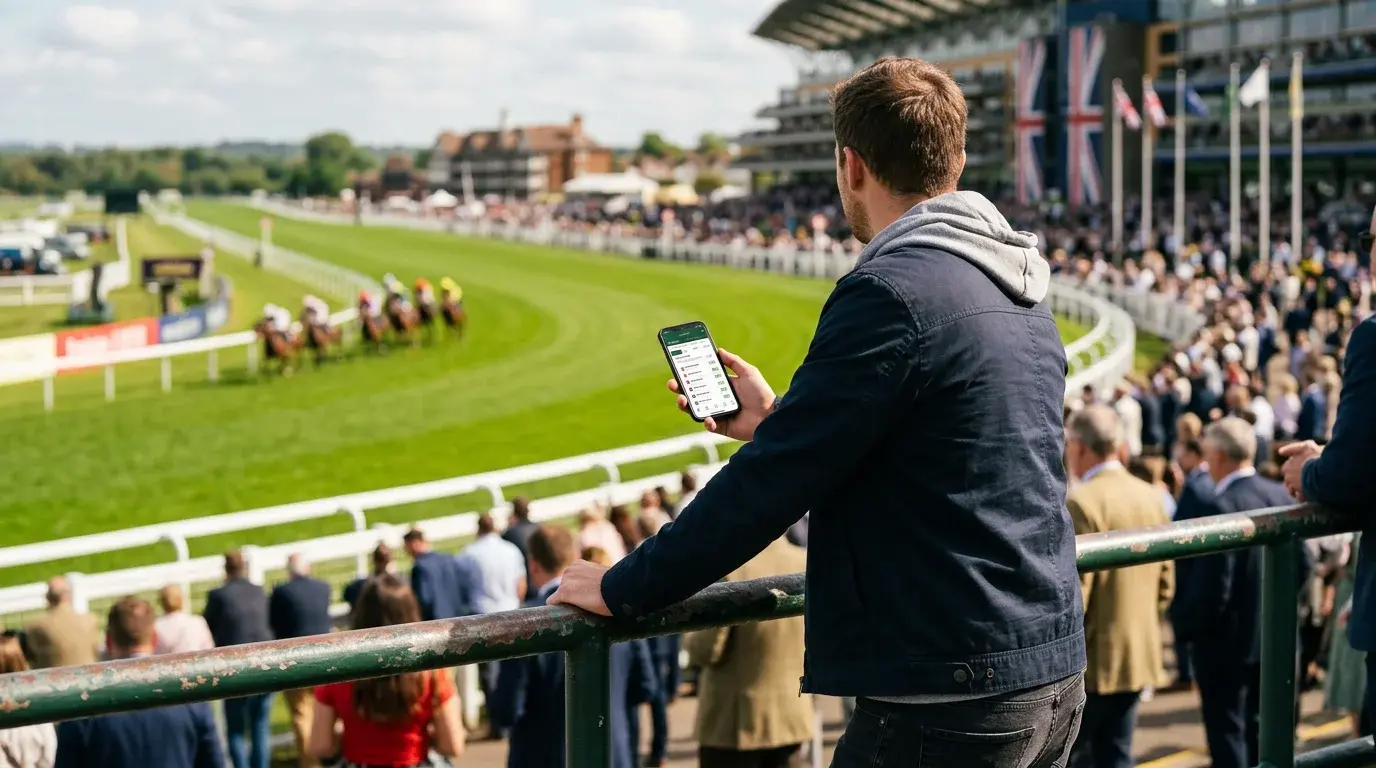 First-time bettor studying a racecard on a mobile phone before placing a bet