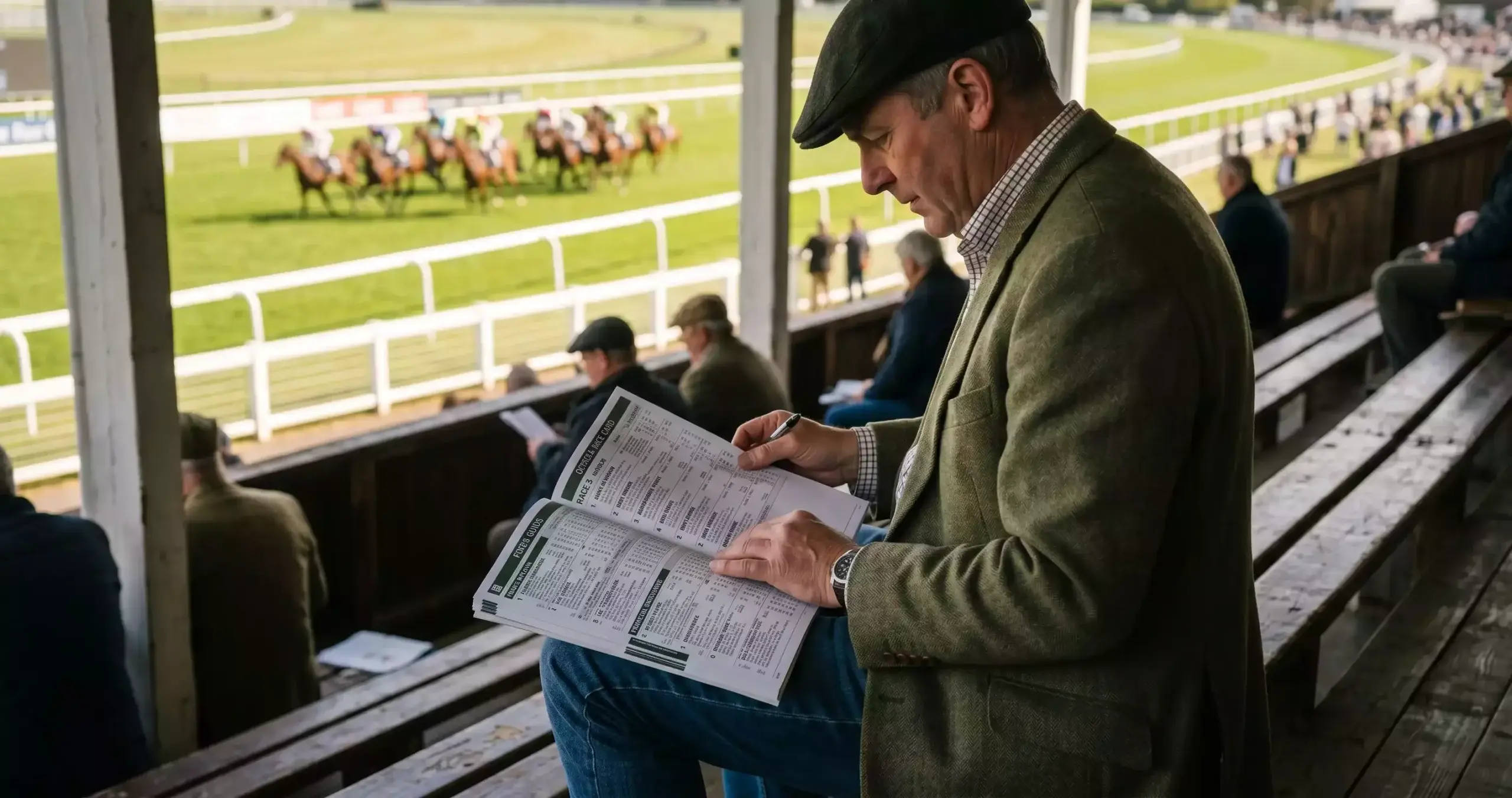 Punter studying a racecard and form guide with a British racecourse grandstand in the background