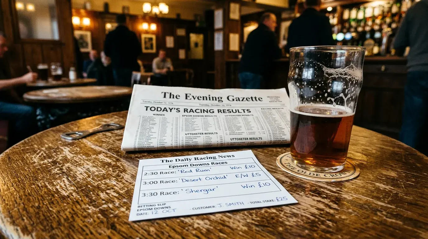 Betting slip on a pub table with a pint and a folded newspaper showing horse racing results