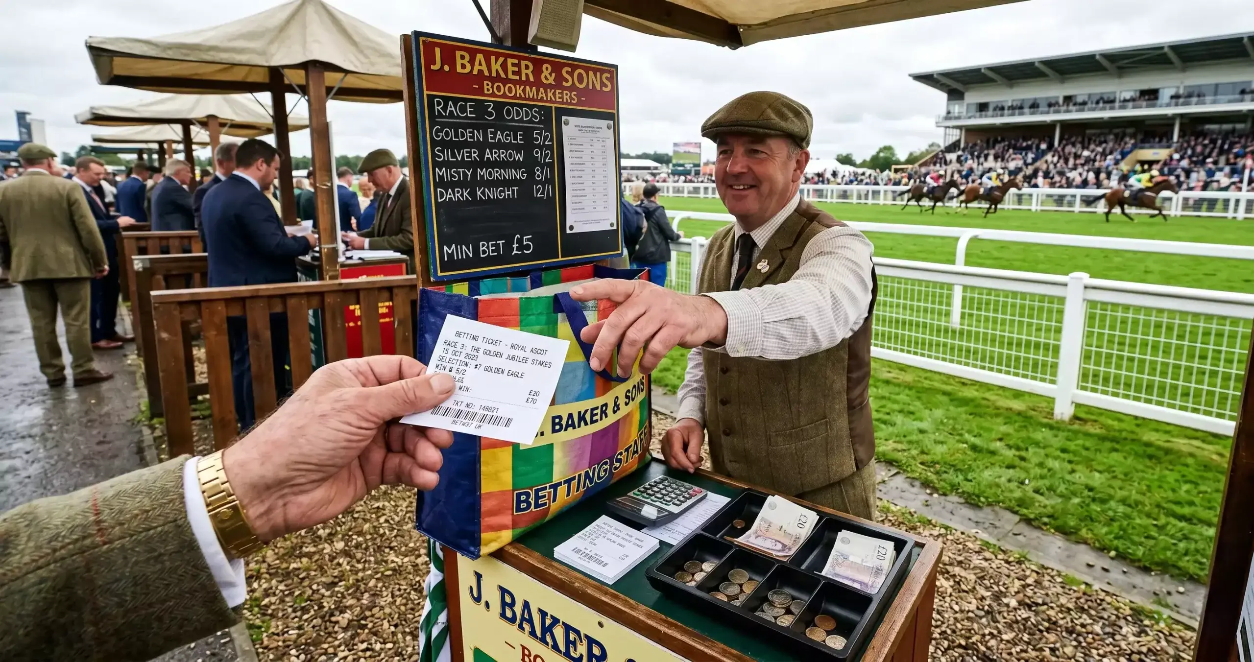 Welcome offers and free bet tokens displayed on a bookmaker counter at a British horse racing venue