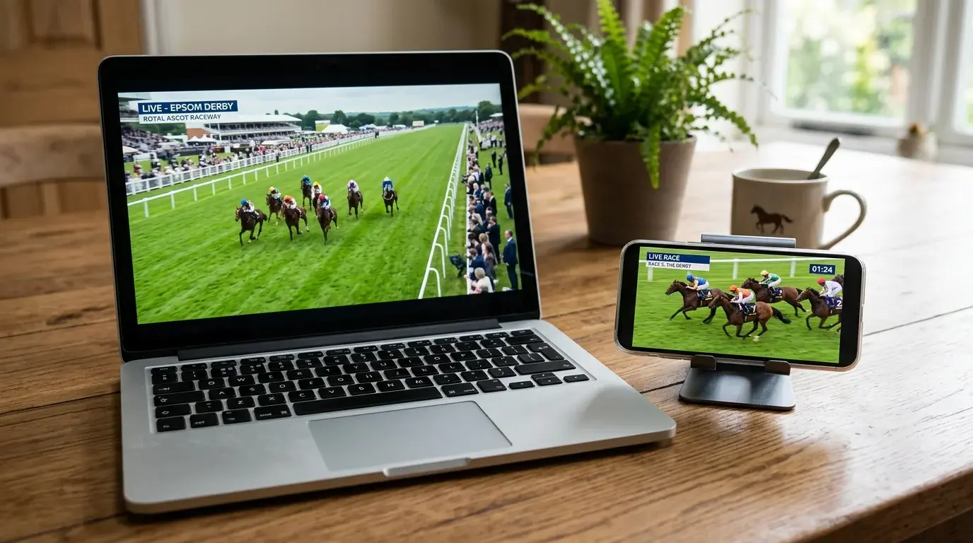 Live horse racing stream playing on a laptop and mobile phone side by side