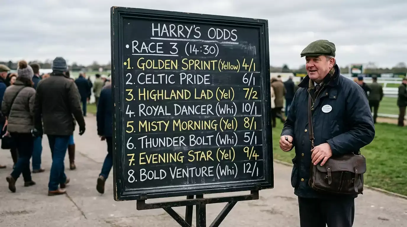 Traditional bookmaker odds board at a UK racecourse showing fractional prices chalked for each runner