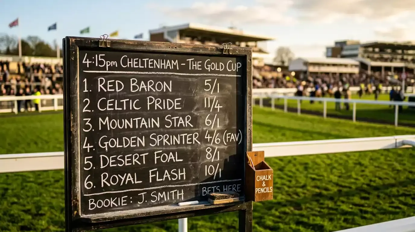 Close-up of a traditional UK racecourse odds board displaying fractional prices before a horse race