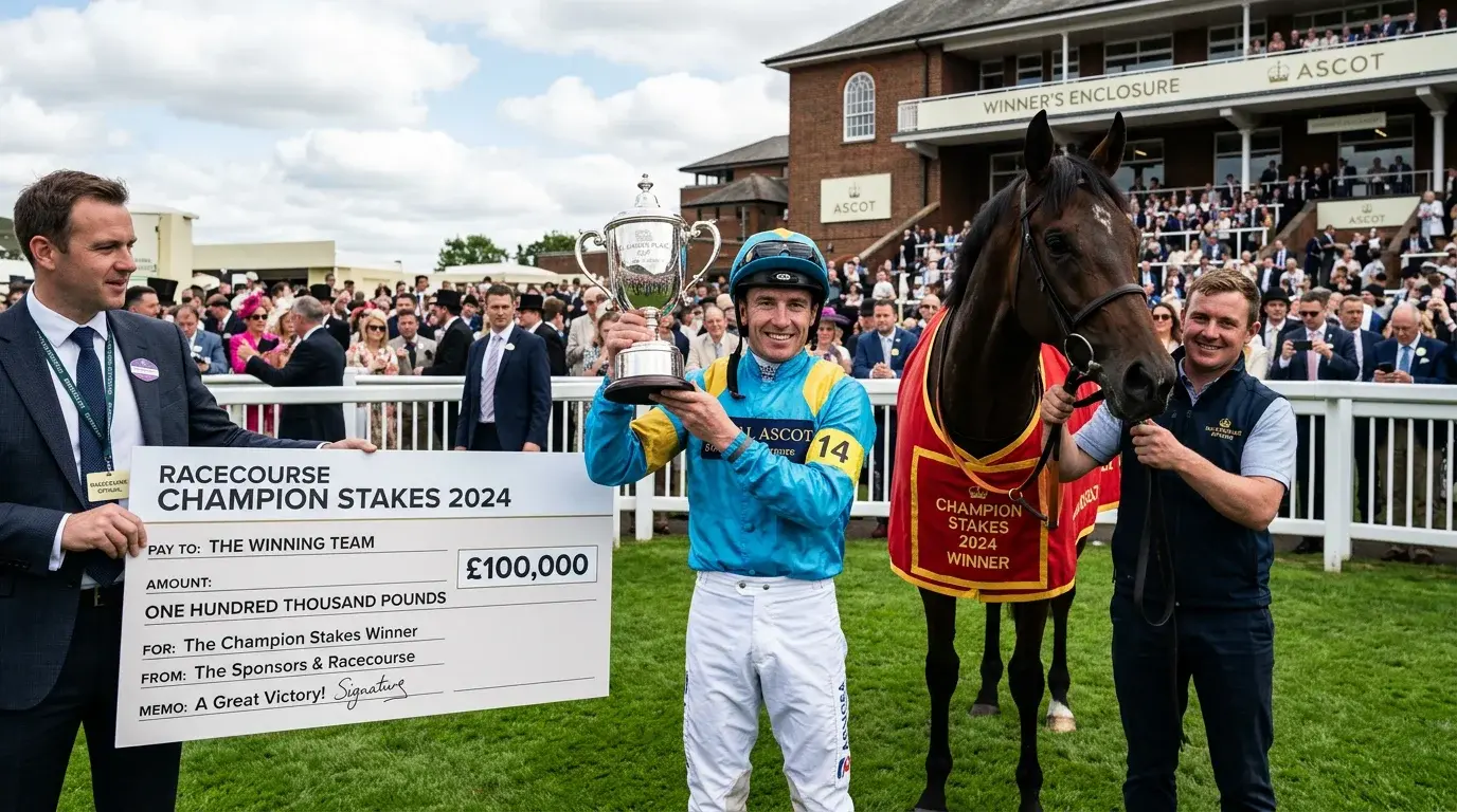Presentation ceremony at a British racecourse showing prize money cheque