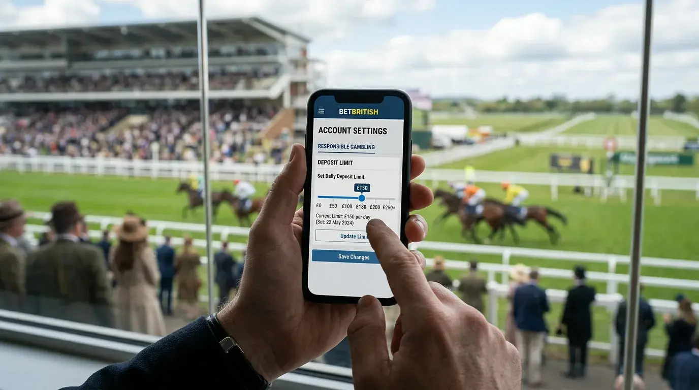 Responsible gambling tools on a betting app showing deposit limits and self-exclusion options