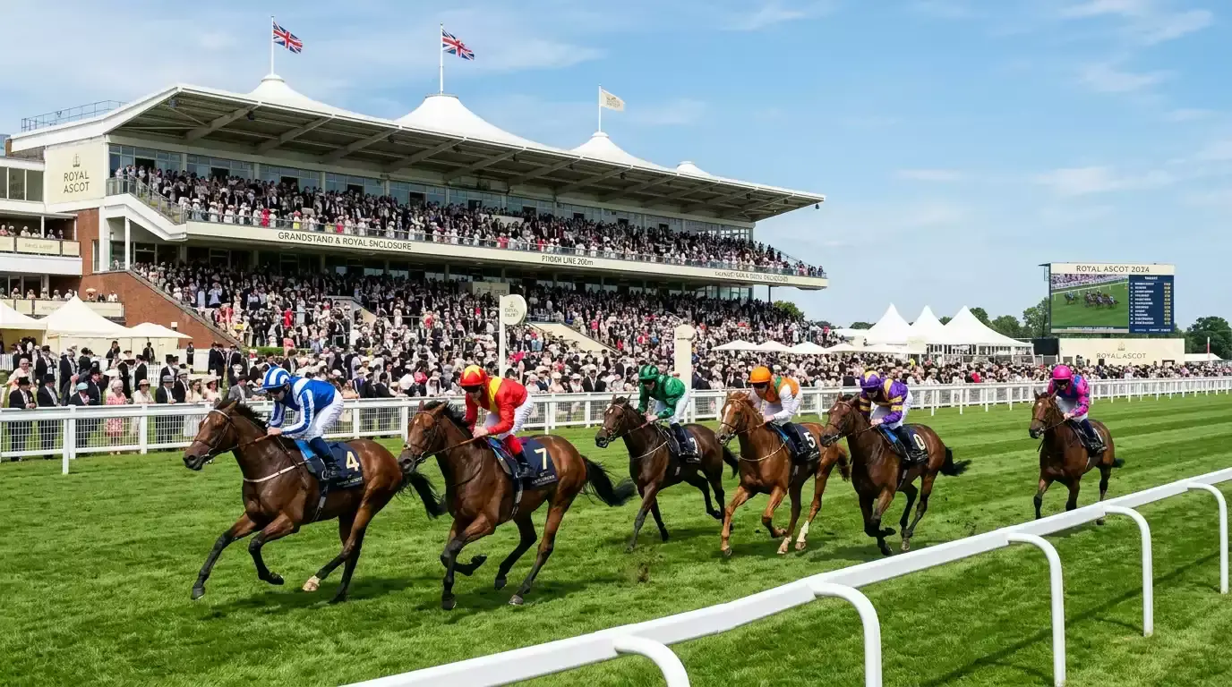 Royal Ascot racecourse with horses racing past the grandstand on a sunny afternoon during the five-day meeting