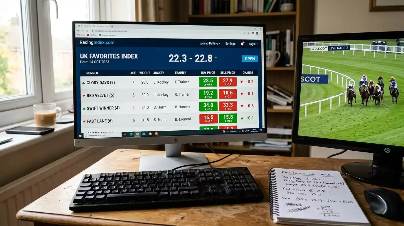 A spread betting market display showing buy and sell prices for a horse racing favourites index