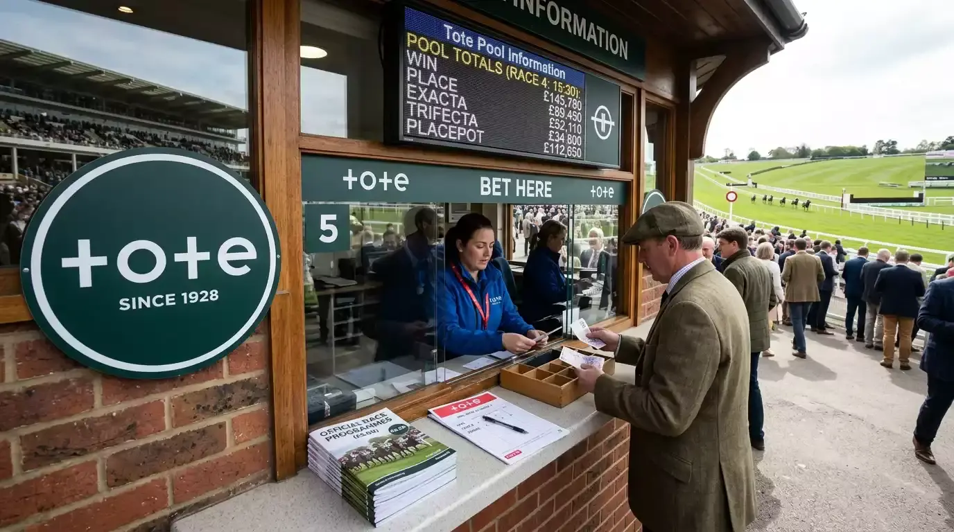 A Tote pool betting window at a UK racecourse with race cards and dividend boards visible