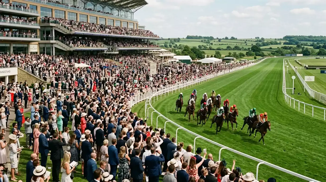 Crowded grandstand at a British racecourse during a Saturday afternoon meeting with green turf track visible