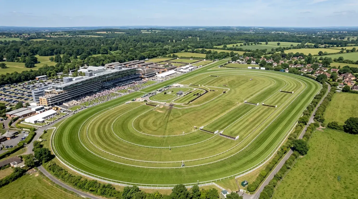 Aerial view of a British racecourse showing the oval track and grandstand